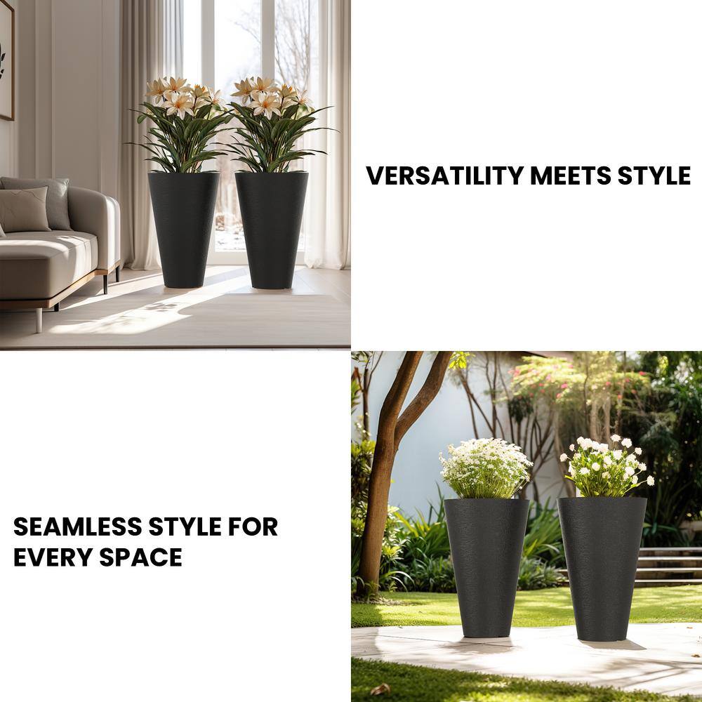 Sapcrete Large and Tall 29 in. H Round Charcoal Black Plastic Planter Pots for Indoor/Outdoor Plants Set of 2