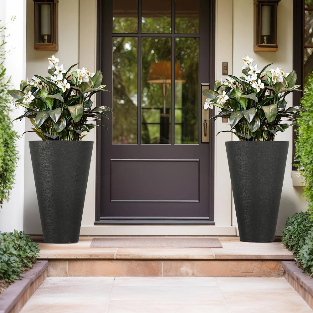 Sapcrete Large and Tall 29 in. H Round Charcoal Black Plastic Planter Pots for Indoor/Outdoor Plants Set of 2
