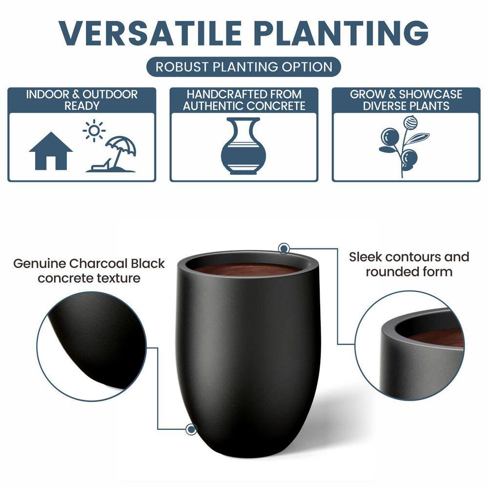 Sapcrete 17 in. Large Charcoal Black (Enhanced Interior) Concrete Round Planter / Pot with Drainage Holes
