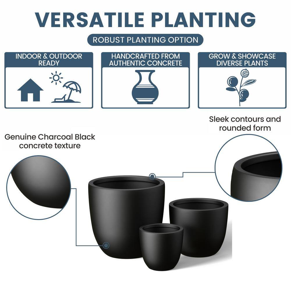 Morrava 10, 14 in. 18 in. Dia Charcoal Black Large Tall Round Concrete Planter/Garden Plant Pot for Indoor and Outdoor(Set of 3)