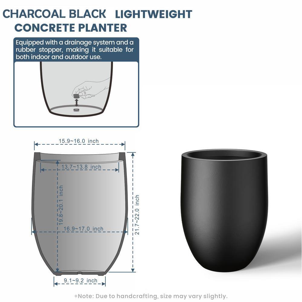 Sapcrete Lightweight 16in. x 22in. Charcoal Black Extra Large Tall Round Concrete Plant Pot/Planter for Indoor & Outdoor