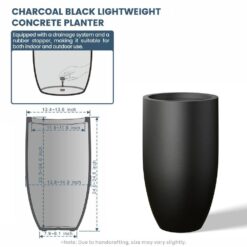Sapcrete Lightweight 13.5 in. x 24.5 in. Charcoal Black Extra Large Tall Round Concrete Plant Pot/Planter for Indoor and Outdoor