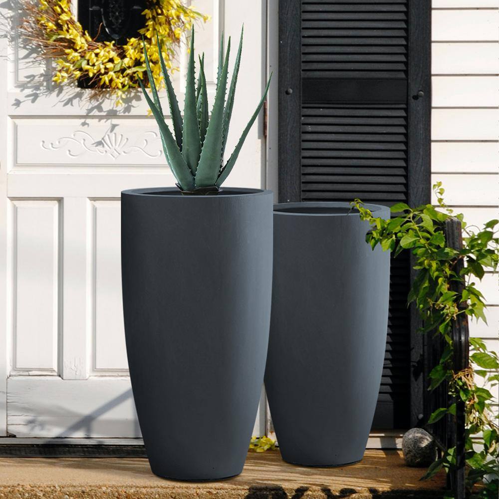 KANTE 31.4" and 23.6"H Charcoal Finish Concrete Tall Planters (Set of 2), Large Outdoor Indoor w/Drainage Hole & Rubber Plug