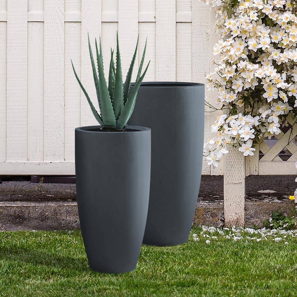 KANTE 31.4" and 23.6"H Charcoal Finish Concrete Tall Planters (Set of 2), Large Outdoor Indoor w/Drainage Hole & Rubber Plug