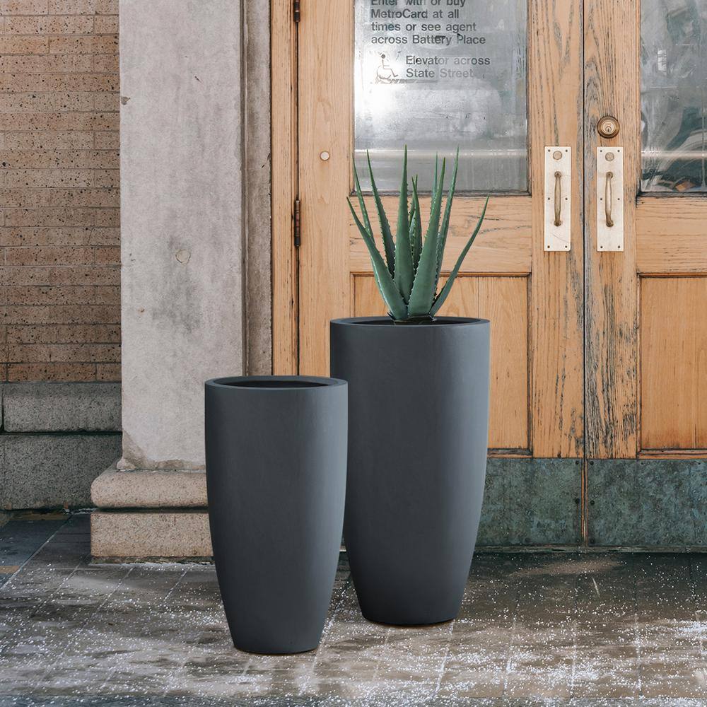 KANTE 31.4" and 23.6"H Charcoal Finish Concrete Tall Planters (Set of 2), Large Outdoor Indoor w/Drainage Hole & Rubber Plug