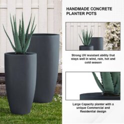 KANTE 31.4" and 23.6"H Charcoal Finish Concrete Tall Planters (Set of 2), Large Outdoor Indoor w/Drainage Hole & Rubber Plug