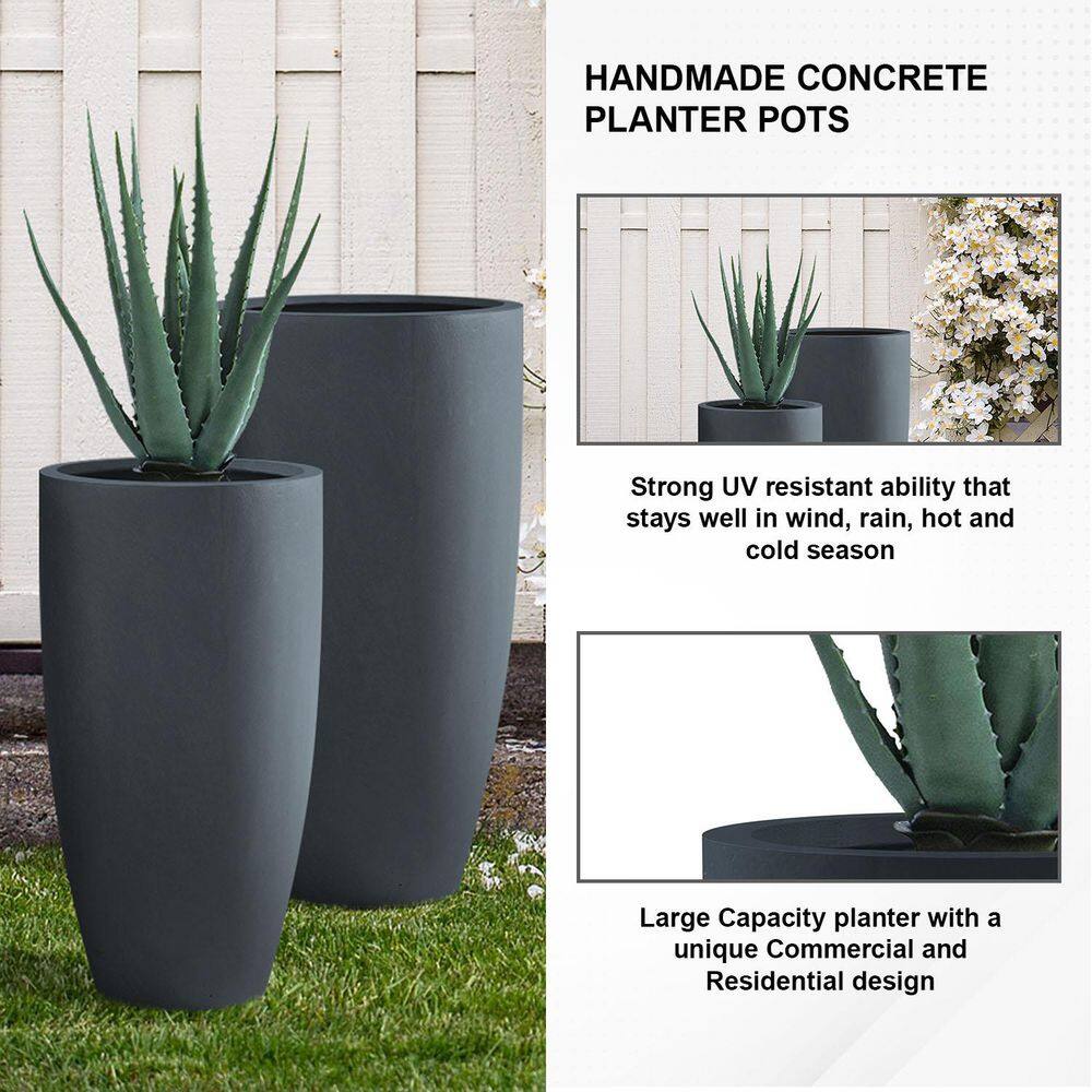 KANTE 31.4" and 23.6"H Charcoal Finish Concrete Tall Planters (Set of 2), Large Outdoor Indoor w/Drainage Hole & Rubber Plug