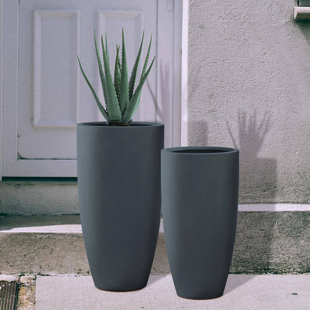 KANTE 31.4" and 23.6"H Charcoal Finish Concrete Tall Planters (Set of 2), Large Outdoor Indoor w/Drainage Hole & Rubber Plug