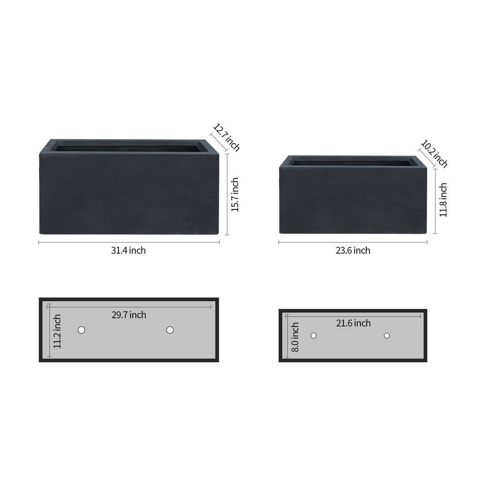 KANTE 31.4 in. & 23.6 in. L Rectangular Charcoal Lightweight Long Low Planters w/Drainage Hole (Set of 2), Outdoor/Indoor