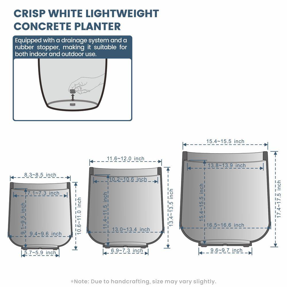 Sapcrete 15.5in., 12in., 8.5in. Dia Crisp White Extra Large Tall Round Concrete Plant Pot/Planter for Indoor & Outdoor Set of 3