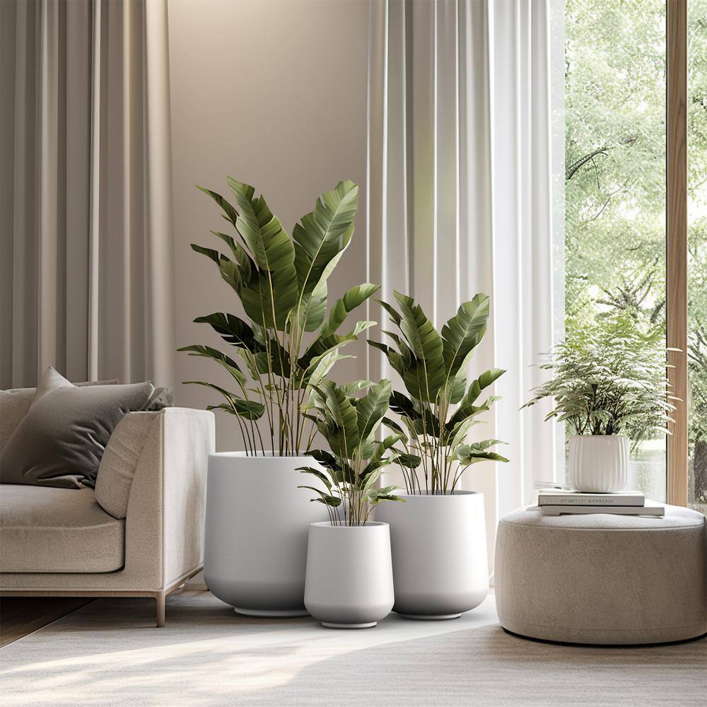 Sapcrete 15.5in., 12in., 8.5in. Dia Crisp White Extra Large Tall Round Concrete Plant Pot/Planter for Indoor & Outdoor Set of 3