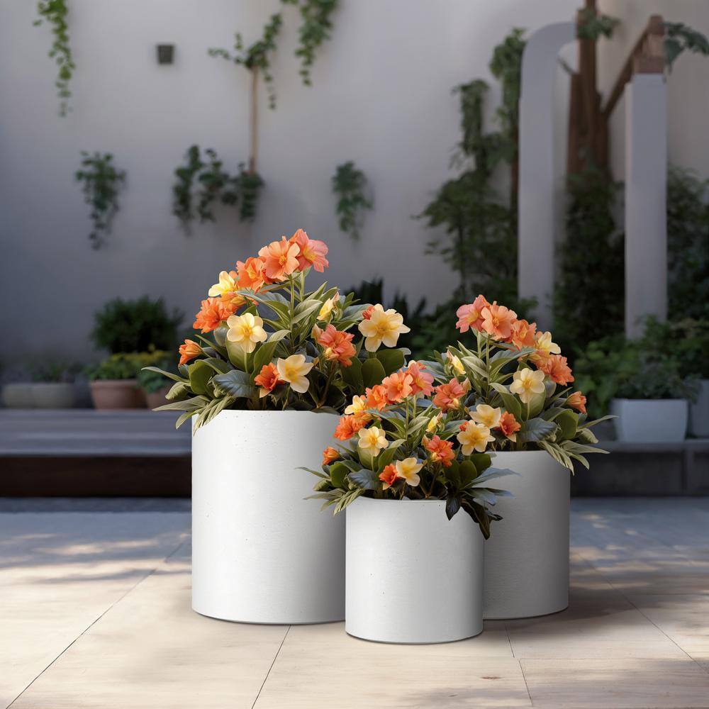 Sapcrete 10in., 13in., 16in. Dia Crisp White Extra Large Tall Round Concrete Plant Pot / Planter for Indoor & Outdoor Set of 3