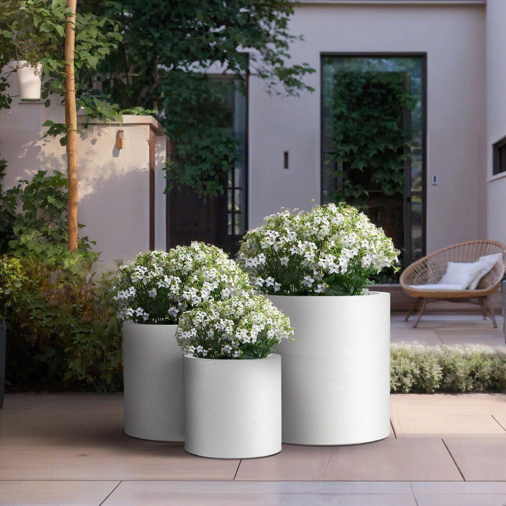 Sapcrete 10in., 13in., 16in. Dia Crisp White Extra Large Tall Round Concrete Plant Pot / Planter for Indoor & Outdoor Set of 3