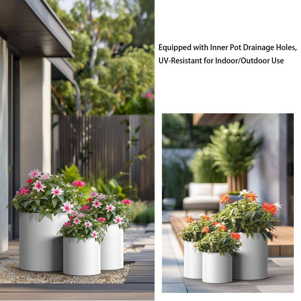 Sapcrete 10in., 13in., 16in. Dia Crisp White Extra Large Tall Round Concrete Plant Pot / Planter for Indoor & Outdoor Set of 3