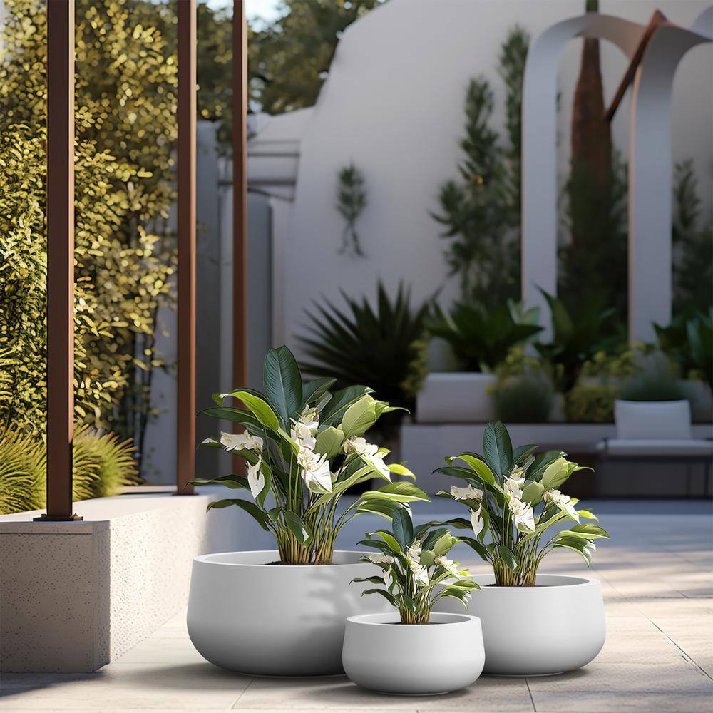 Sapcrete 11.4in.,15in.,19in. Dia Crisp White Extra Large Tall Round Concrete Plant Pot/Planter for Indoor and Outdoor(Set of 3)