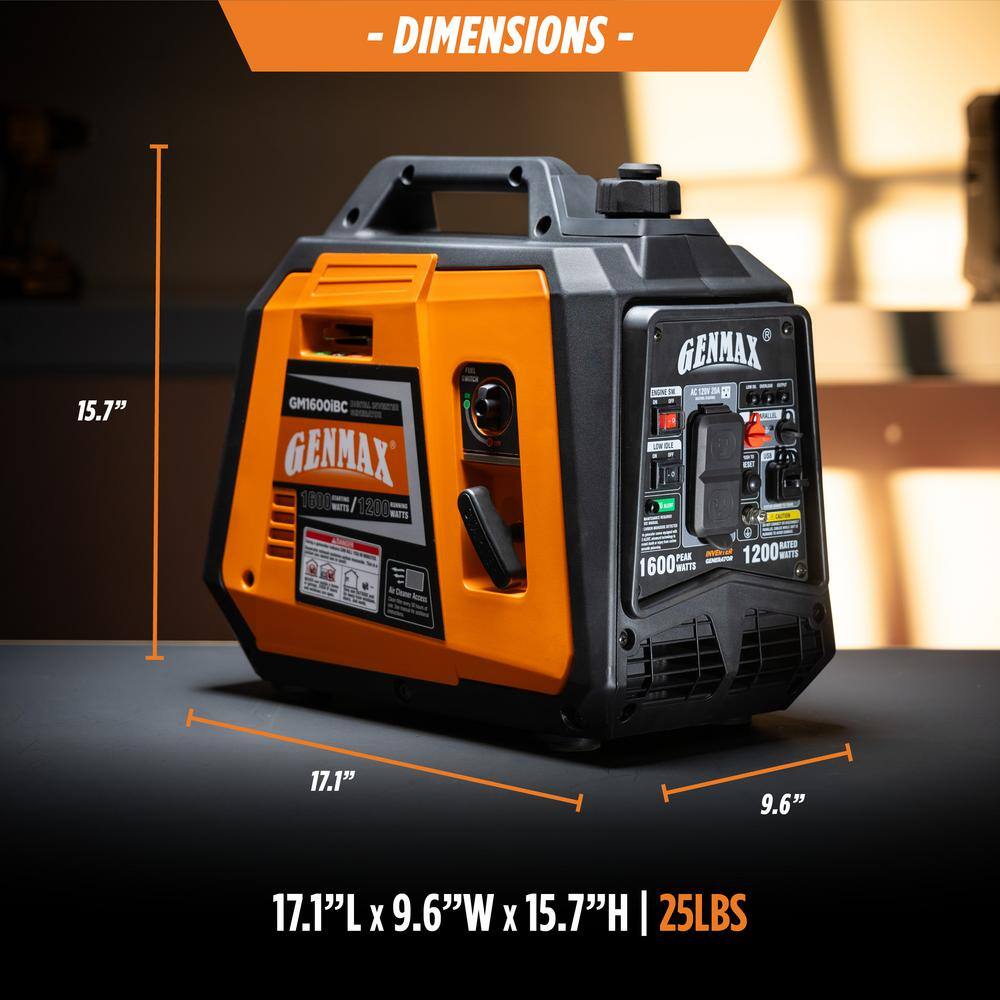 GENMAX 1600-Watt Recoil Start Gasoline Powered Inverter Generator Ultra Light-weight Super Quiet With 57CC OHV Engine