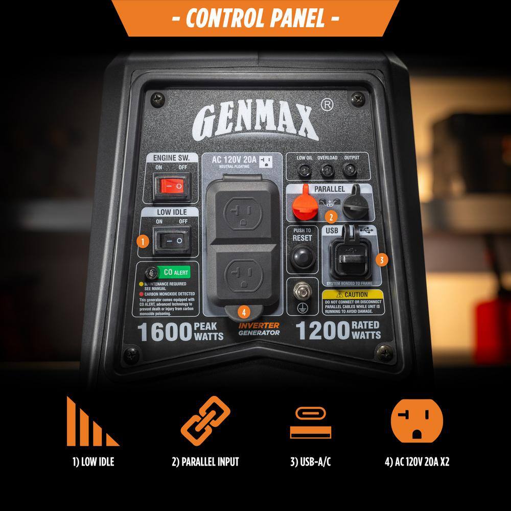 GENMAX 1600-Watt Recoil Start Gasoline Powered Inverter Generator Ultra Light-weight Super Quiet With 57CC OHV Engine