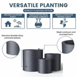 Sapcrete 10in., 13in., 16in. Dia Granite Gray Extra Large Tall Round Concrete Plant Pot / Planter for Indoor & Outdoor Set of 3
