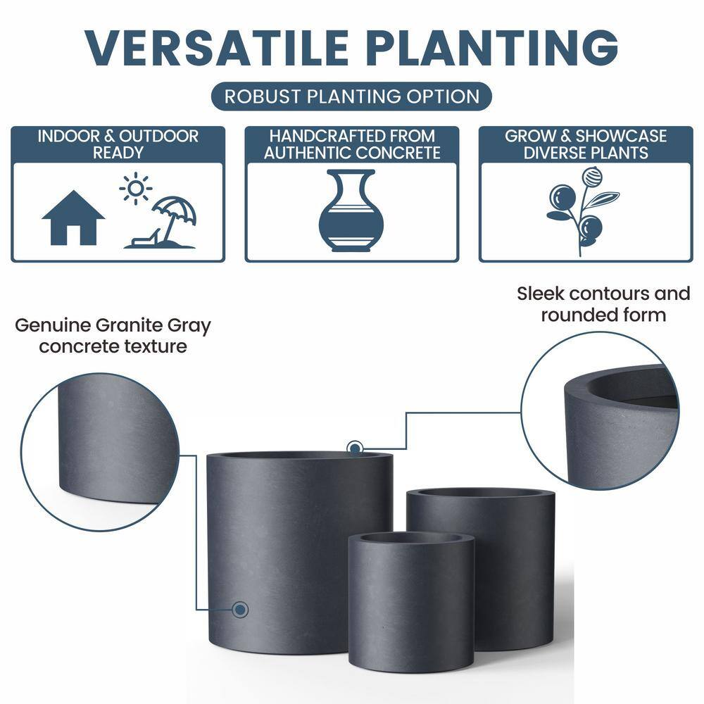 Sapcrete 10in., 13in., 16in. Dia Granite Gray Extra Large Tall Round Concrete Plant Pot / Planter for Indoor & Outdoor Set of 3