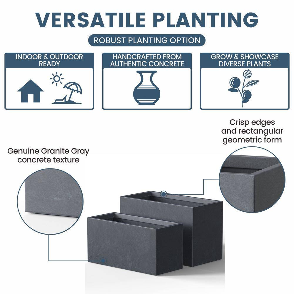 Sapcrete Modern 12in., 16in. High Large Tall Elongated Square Granite Gray Outdoor Cement Planter Plant Pots Set of 2
