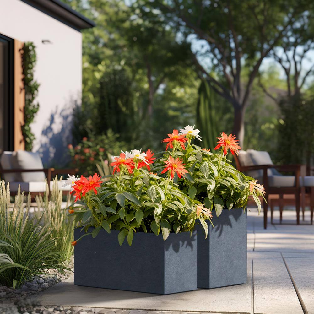 Sapcrete Modern 12in., 16in. High Large Tall Elongated Square Granite Gray Outdoor Cement Planter Plant Pots Set of 2