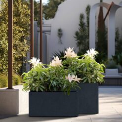 Sapcrete Modern 12in., 16in. High Large Tall Elongated Square Granite Gray Outdoor Cement Planter Plant Pots Set of 2