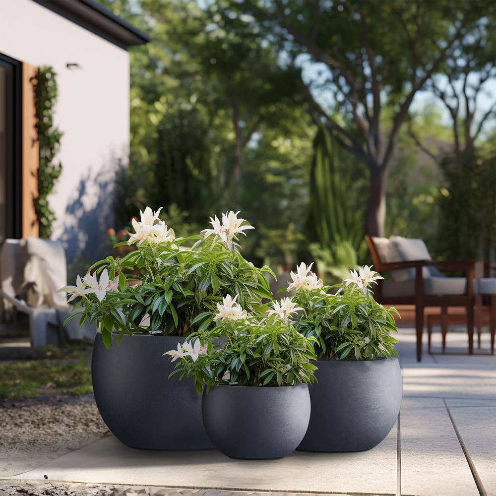 Sapcrete 11.5 in.,15 in.,19 in. Large Granite Gray Concrete Round planter / Pot with drainage holes (Set of 3)