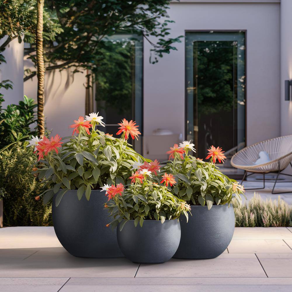Sapcrete 11.5 in.,15 in.,19 in. Large Granite Gray Concrete Round planter / Pot with drainage holes (Set of 3)