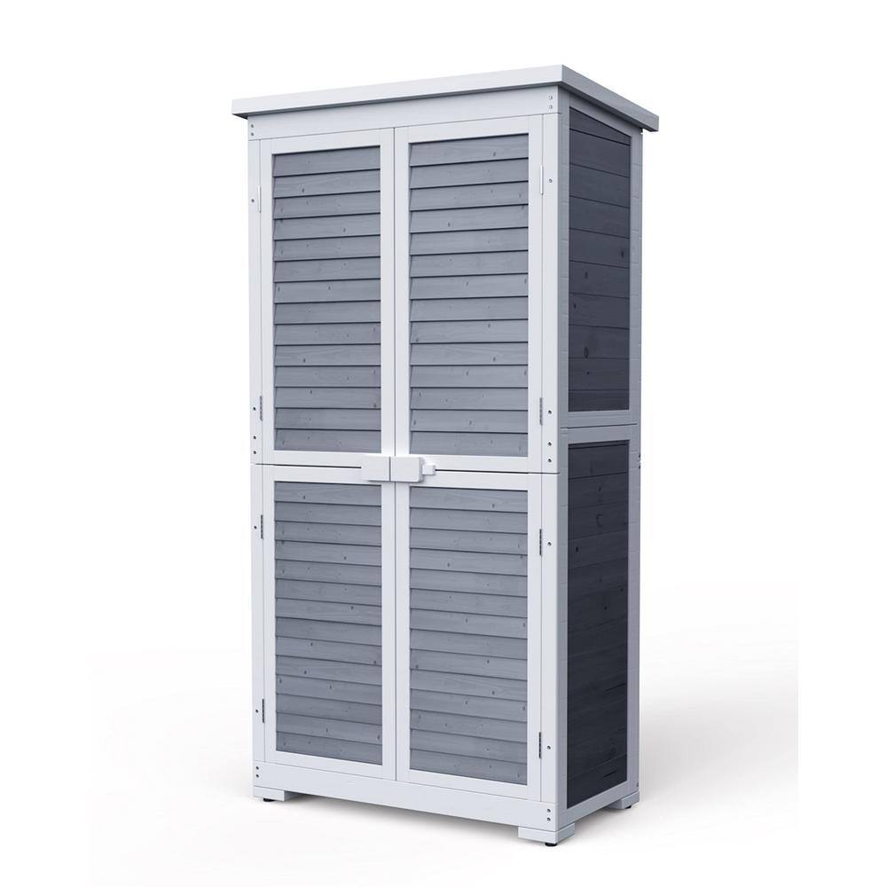 Lofka 34.3 in. W x 18.3 in. D x 63.2 in. H Wood Outdoor Storage Cabinet, Double Lockable Wooden Garden Shed, Gray