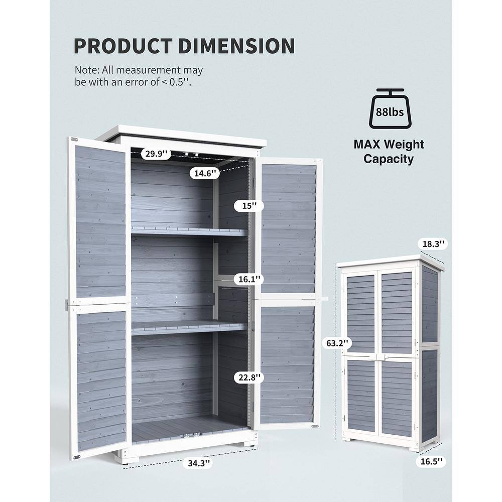 Lofka 34.3 in. W x 18.3 in. D x 63.2 in. H Wood Outdoor Storage Cabinet, Double Lockable Wooden Garden Shed, Gray