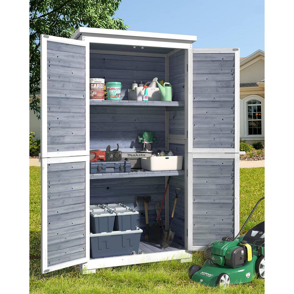 Lofka 34.3 in. W x 18.3 in. D x 63.2 in. H Wood Outdoor Storage Cabinet, Double Lockable Wooden Garden Shed, Gray