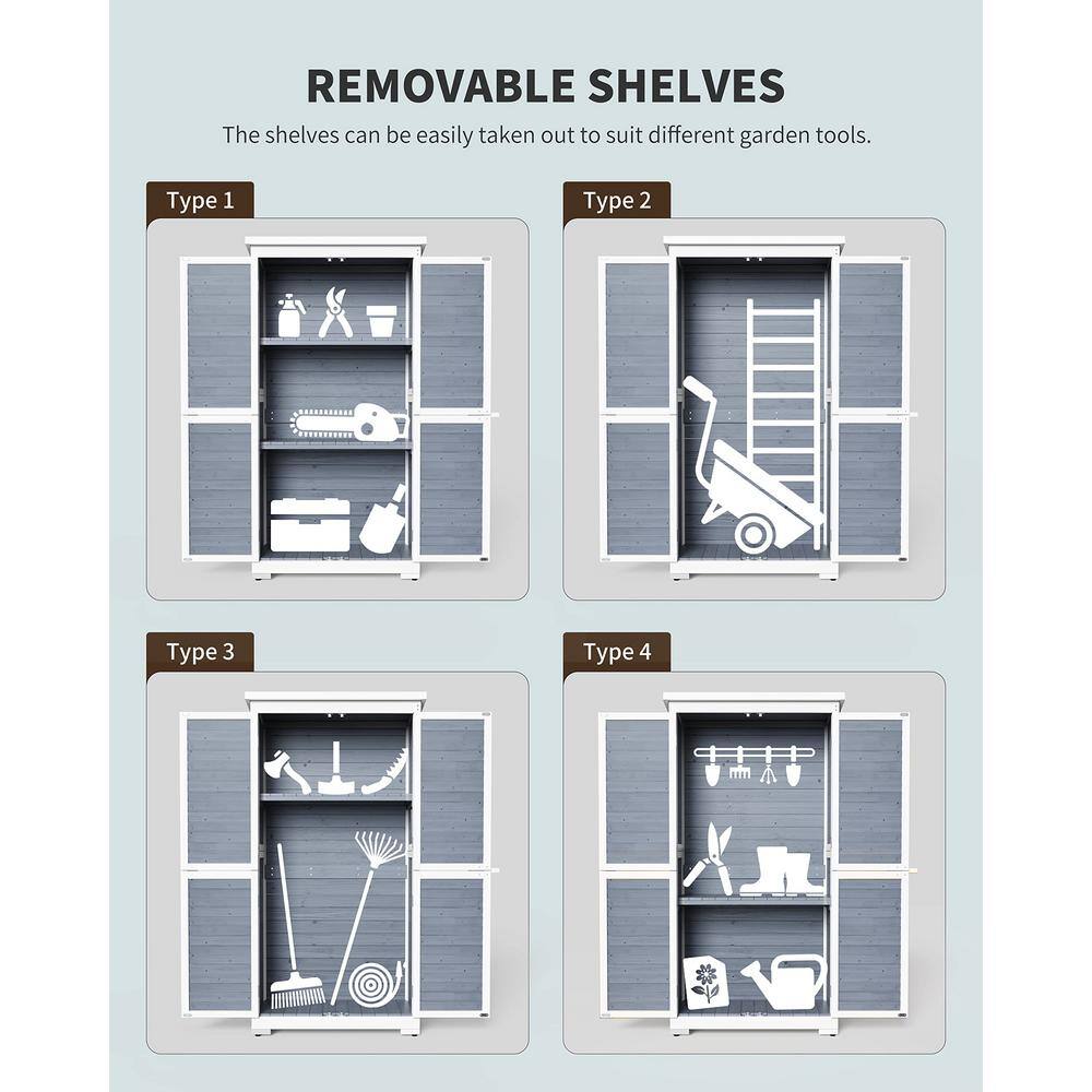 Lofka 34.3 in. W x 18.3 in. D x 63.2 in. H Wood Outdoor Storage Cabinet, Double Lockable Wooden Garden Shed, Gray