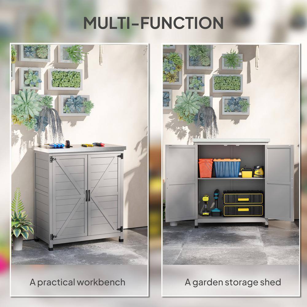 Outsunny 31.1 in. x 16.9 in. x 36.2 in. Outdoor Storage Cabinet, Fir Wood Pool Box with Double Doors, Gray