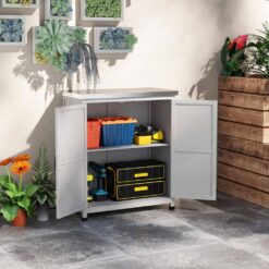 Outsunny 31.1 in. x 16.9 in. x 36.2 in. Outdoor Storage Cabinet, Fir Wood Pool Box with Double Doors, Gray