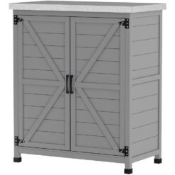Outsunny 31.1 in. x 16.9 in. x 36.2 in. Outdoor Storage Cabinet, Fir Wood Pool Box with Double Doors, Gray