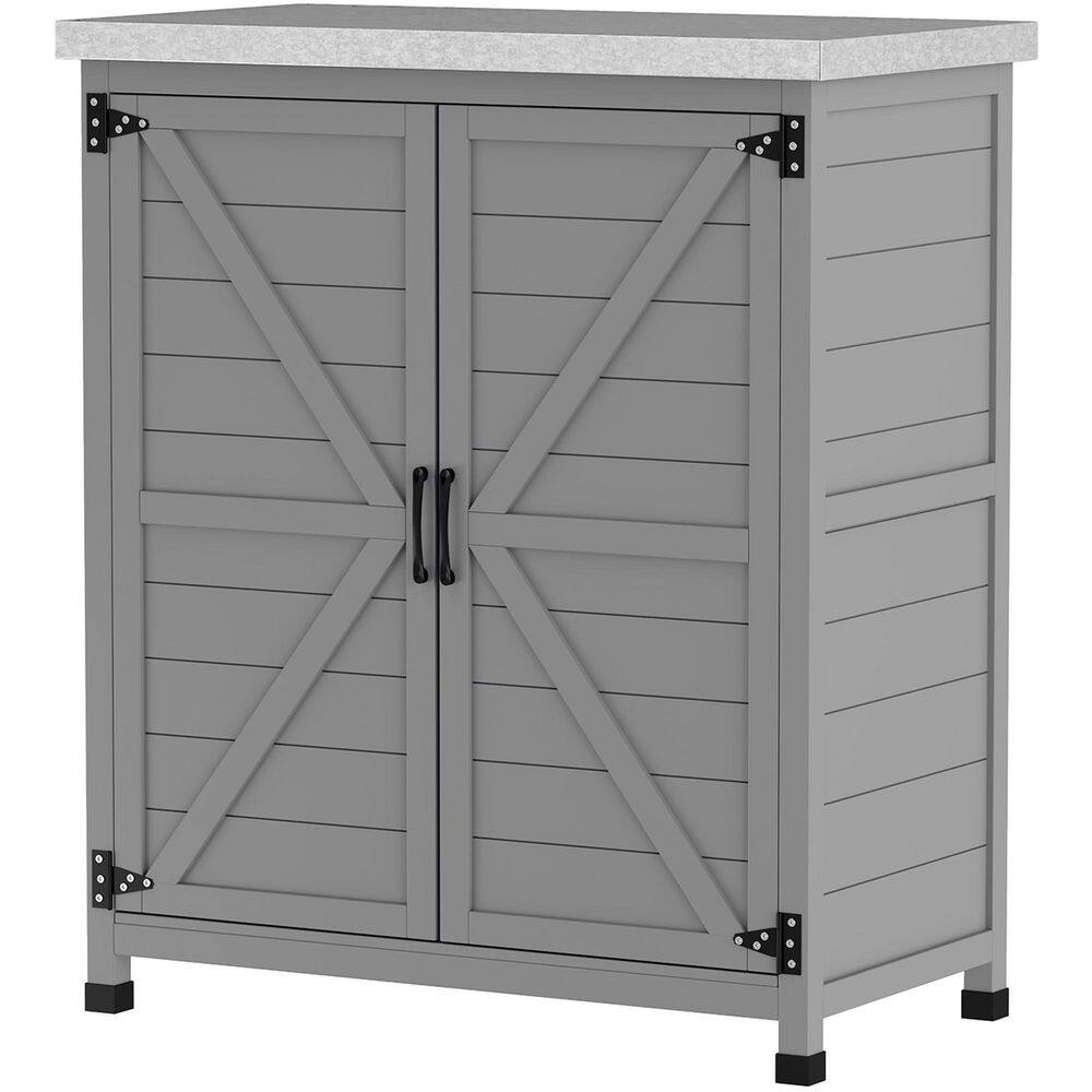 Outsunny 31.1 in. x 16.9 in. x 36.2 in. Outdoor Storage Cabinet, Fir Wood Pool Box with Double Doors, Gray