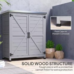 Outsunny 31.1 in. x 16.9 in. x 36.2 in. Outdoor Storage Cabinet, Fir Wood Pool Box with Double Doors, Gray