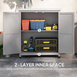 Outsunny 31.1 in. x 16.9 in. x 36.2 in. Outdoor Storage Cabinet, Fir Wood Pool Box with Double Doors, Gray