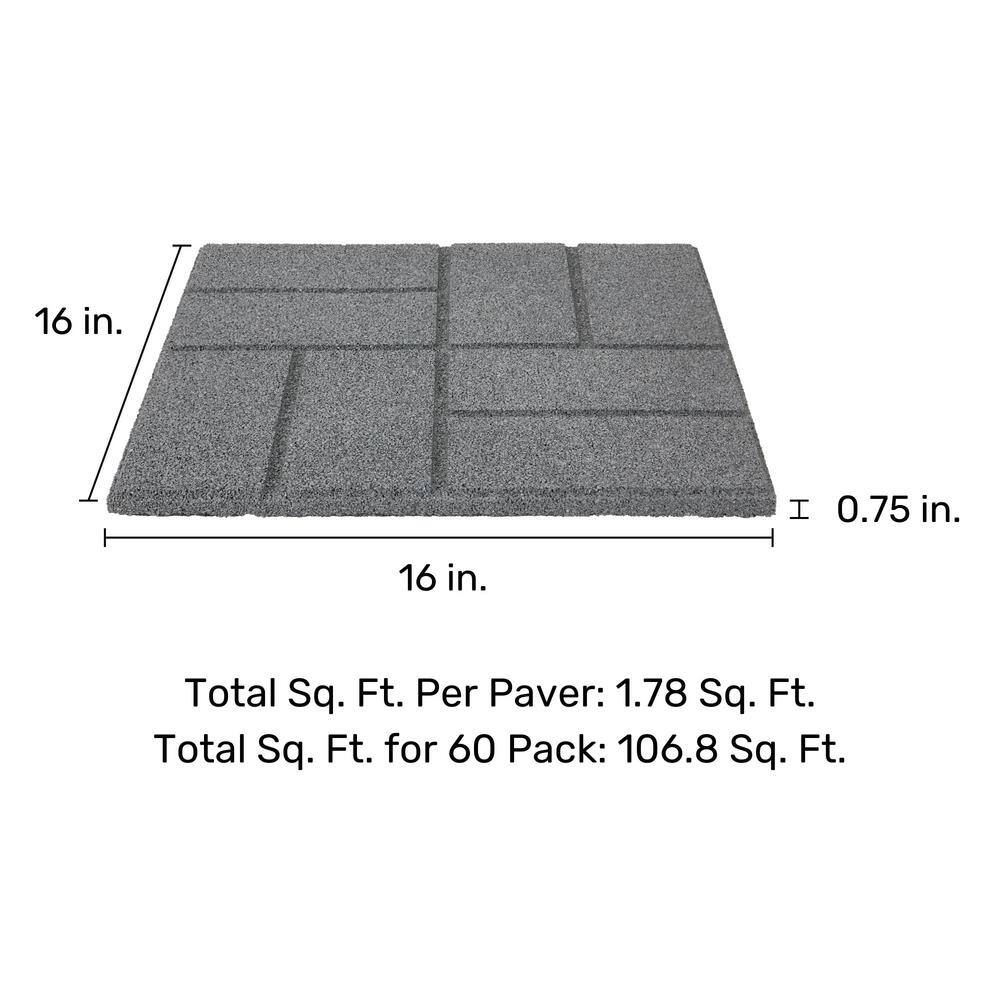 Vigoro 16 in. x 16 in. x 3/4 in. Gray Dual-Sided Rubber Paver (60-Pack)