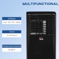 HOMCOM 8,000 BTU Portable Air Conditioner Cools 170 Sq. Ft. with Dehumidifier, Fan, Remote and Wheels in Black