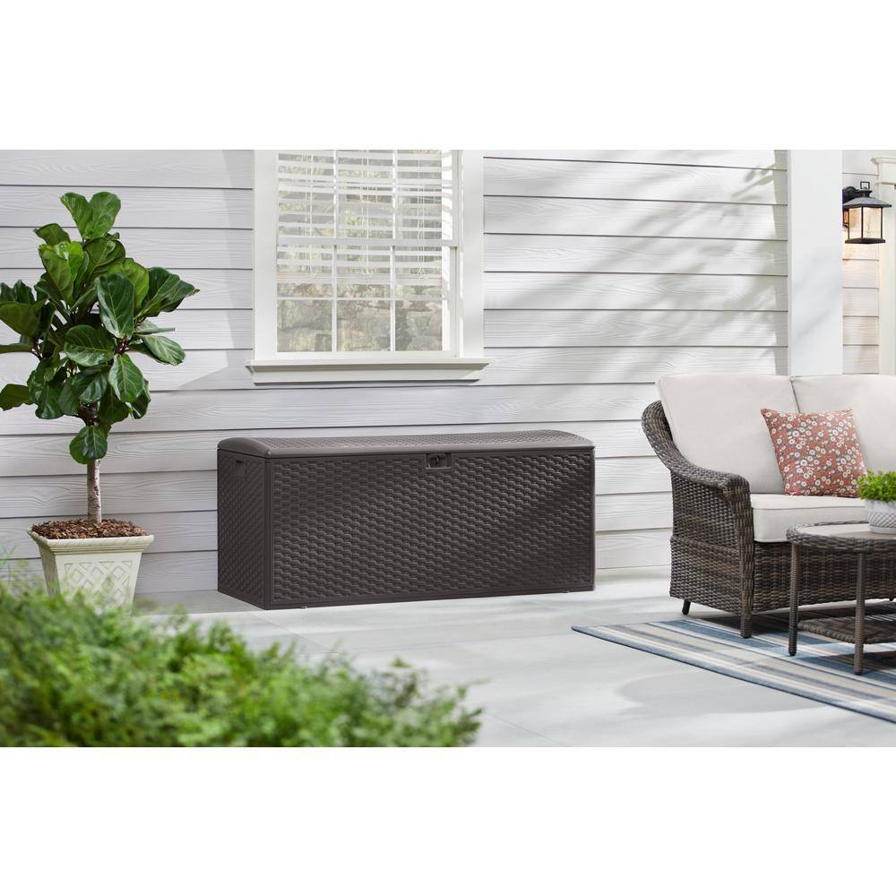 Hampton Bay 150 Gal. Brown Plastic Wicker Outdoor Storage Deck Box with Lockable Lid