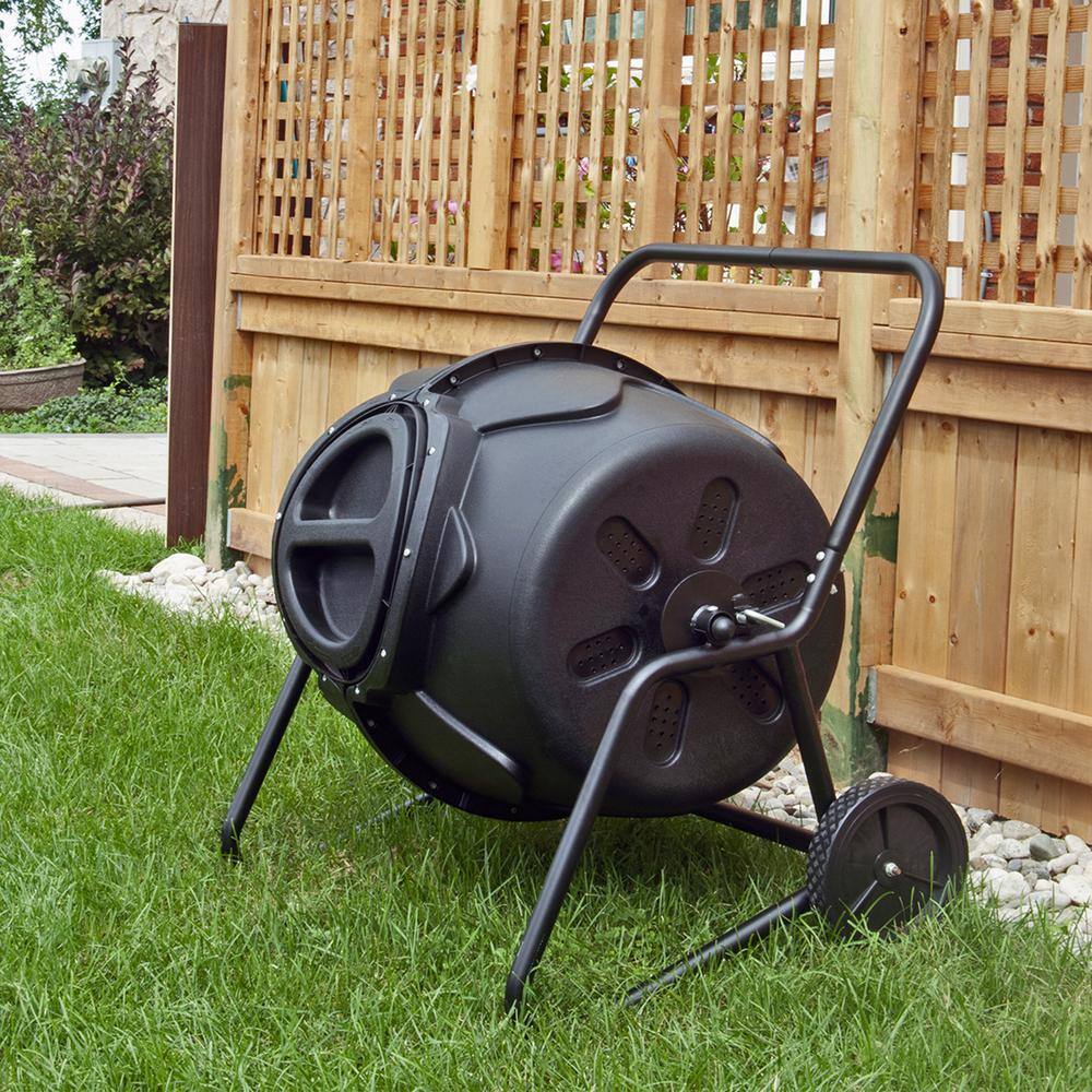 Koolscapes Wheeled Tumbling Composter 50 Gal. (160L) Black Rotating Outdoor Compost Bin with Wheels