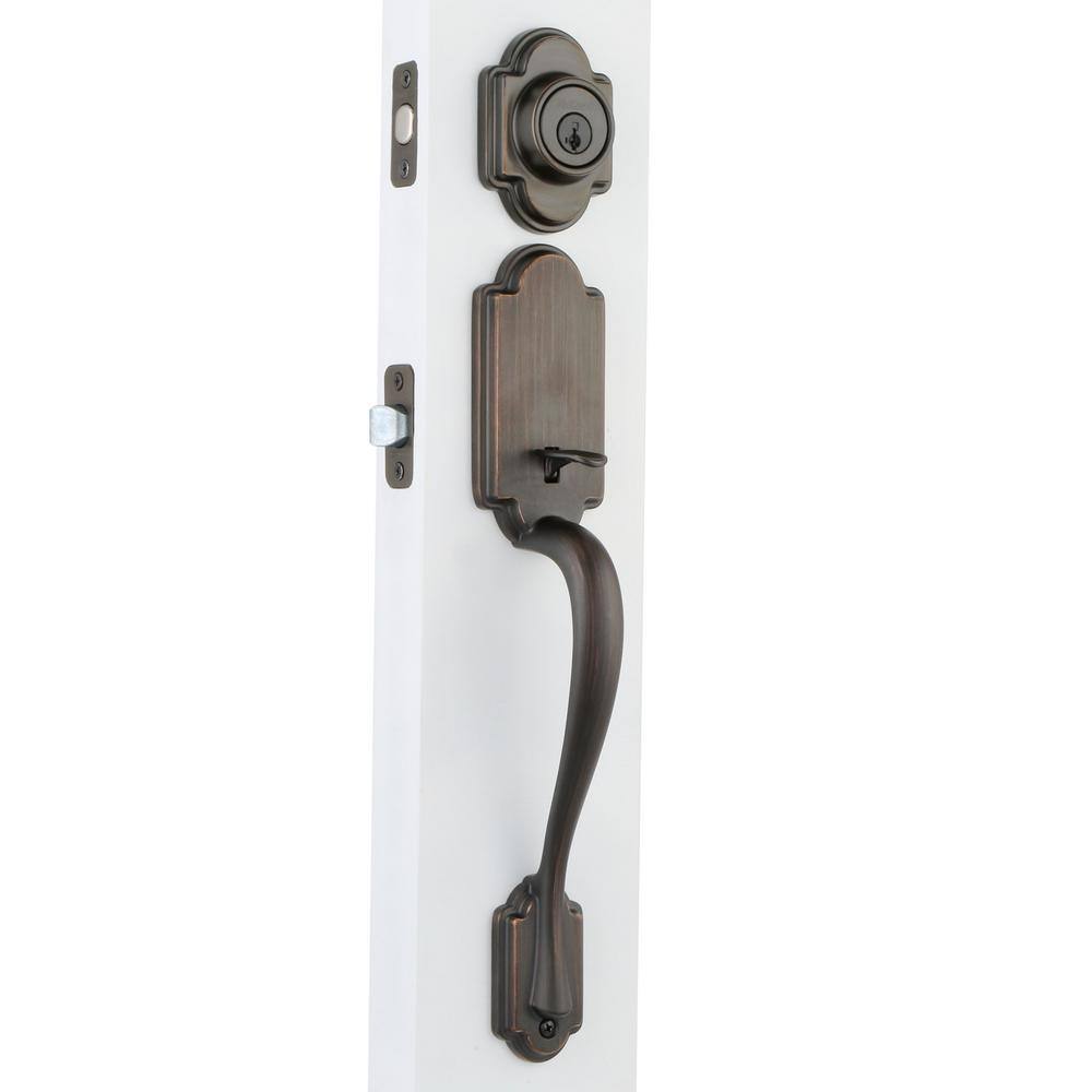 Kwikset Arlington Venetian Bronze Single Cylinder Door Handleset with Tustin Door Handle Featuring SmartKey Security