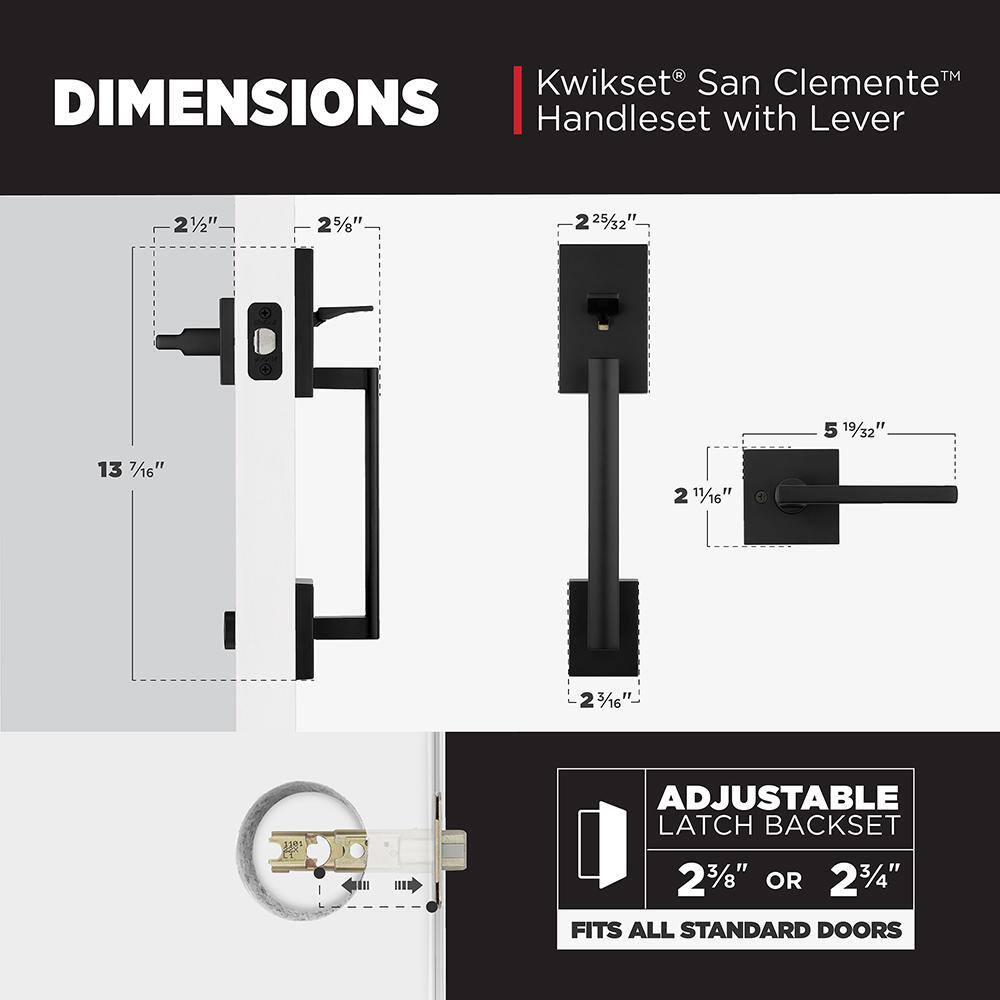 Kwikset San Clemente Matte Black Door Handleset with Halifax Square Door Handle with Microban Antimicrobial Technology