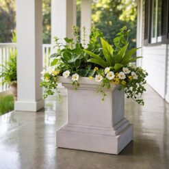 MPG 16-1/2 in. Light Aged White Square Cast Stone Fiberglass Pedestal Planter