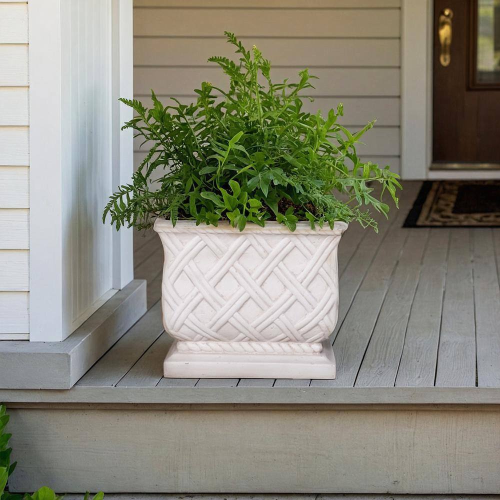MPG 17.75 in. Light Aged White Cast Stone Square Lattice Planter
