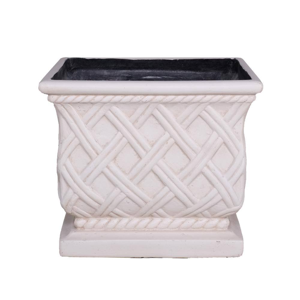 MPG 17.75 in. Light Aged White Cast Stone Square Lattice Planter