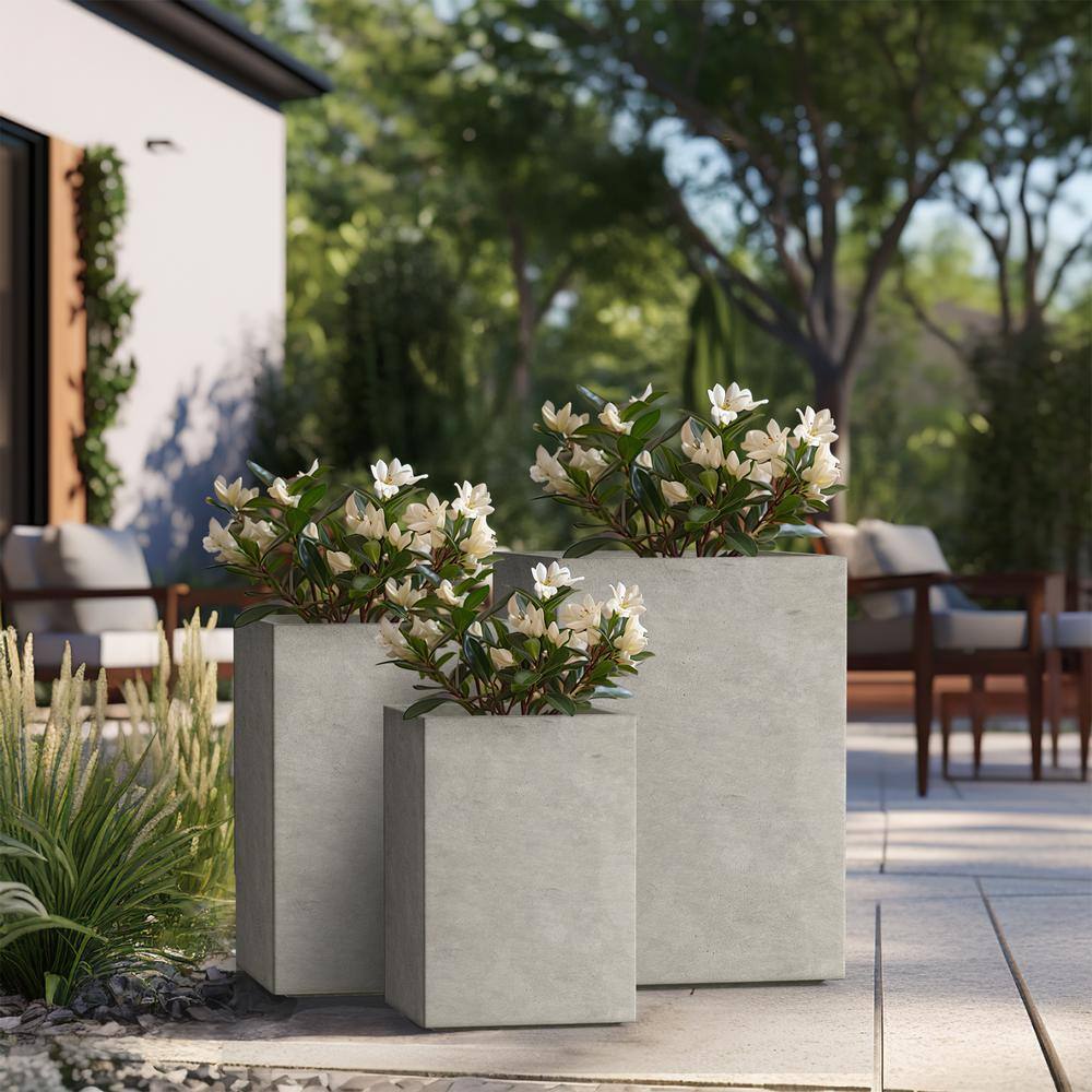 Sapcrete 12.5", 16", 18.5" H Lightweight Concrete Planters, Square Plant Pots with Drainage Hole for Indoor/Outdoor, Weathered