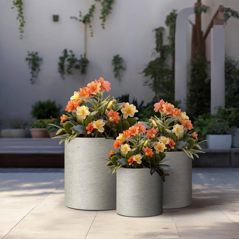 Sapcrete 10 in., 13 in., 16in. Dia Light Gray Extra Large Tall Round Concrete Plant Pot / Planter for Indoor and Outdoor Set of 3