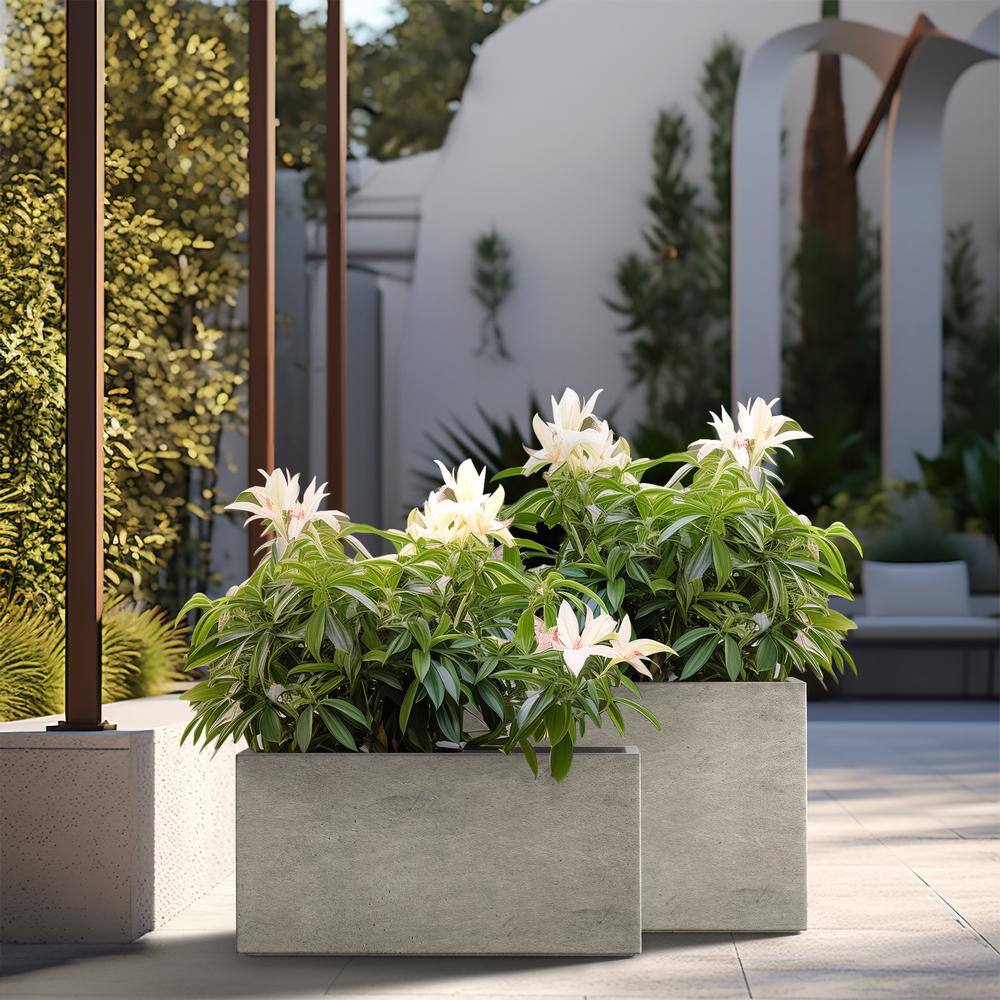 Sapcrete Modern 12 in., 16 in. High Large Tall Elongated Square Light Gray Outdoor Cement Planter Plant Pots Set of 2